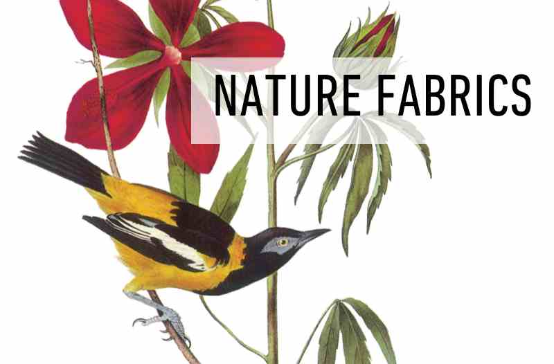 Yellow bird pattern with word NATURE FABRICS